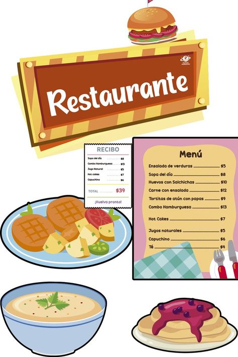 Juguemos al restaurante, trabajemos juego de roles además de muchas otras habilidades como las emociones, lectoescritura o matemáticas, incluye menú, platillos, billetes, tarjetas bancarias, ticket, punto de venta para tarjeta.