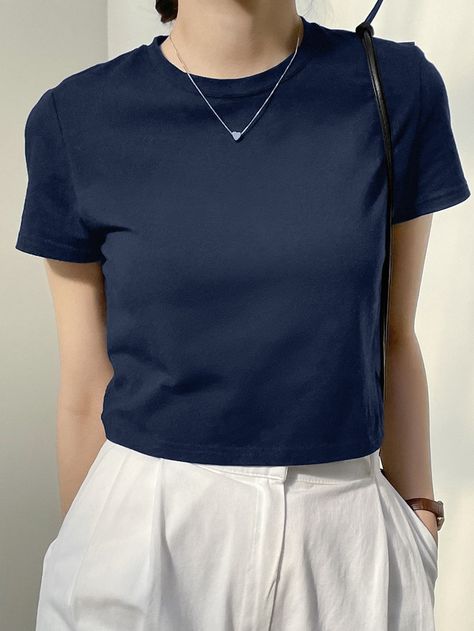 Dazy-Less Solid Crew Neck Crop Tee Blue Short Sleeve Top, T Shirt For Women Casual, Navy Blue Tops For Women, Navy Blue Tee Outfit, Navy Blue T Shirt Outfit, Dark Navy Outfit, Navy Blue Tshirt Outfit, Navy Tee Outfit, Navy Tshirt Outfit