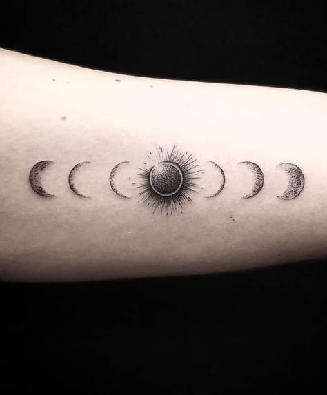 Eclipse Tattoo Ideas, Solar Eclipse Tattoo, Astro Tattoo, Inner Elbow Tattoos, Eclipse Tattoo, Astronomy Tattoo, Deep Tattoo, Moon Sun Tattoo, Moon Phases Tattoo