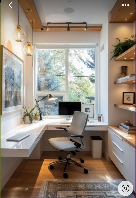 Small Home Office Addition, Home Office Built Ins With Desk Around Window, Office Space In Home, Office From Home, Small Office Home Office Design, Home Office Corner Window, Office Desk Under Window, Small Home Office With Window, Work From Home Small Space Ideas