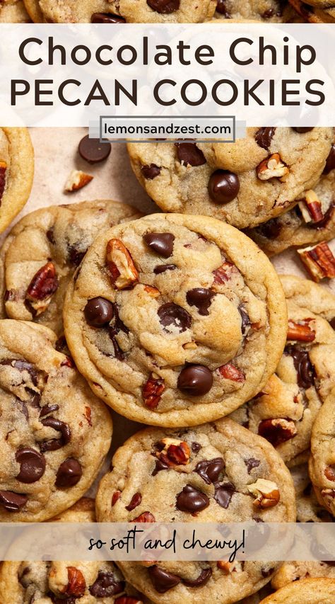 These irresistibly soft and chewy Chocolate Chip Pecan Cookies are a perfect option when a cookie craving hits. Only about 15 minutes to prep filled with toasted pecans and all the chocolate chips. A new family favorite cookie you will love! Gourmet Lemon Cookies, Chocolate Chip And Pecan Cookies, Pecan Desserts, Chocolate Chip Pecan Cookies, Lemon Cookies Recipes, Recipes Cookies, Creative Recipes, Pecan Cookies, Gourmet Cookies