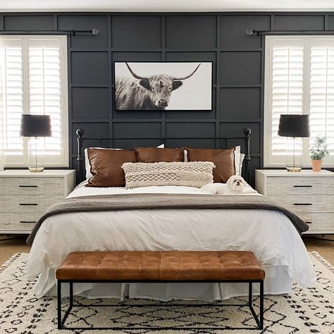 Master Bedroom Batten Board Accent Wall Hack Batten Board, Прикроватные Тумбочки, Bedroom Accent, Accent Wall Bedroom, Master Bedrooms Decor, Remodel Bedroom, Dark Color, Bed Room, My New Room