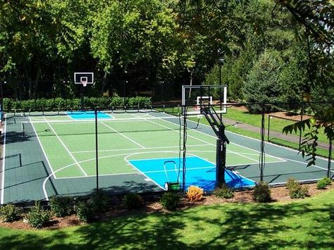 My two favorite sports to play are basketball and tennis. It would be awesome to have this in the back yard to teach my sons how to play. Sports To Play, Tennis Court Backyard, Outdoor Sports Court, Backyard Court, Home Basketball Court, Sport Facilities, Basketball Court Backyard, Backyard Sports, Backyard Basketball