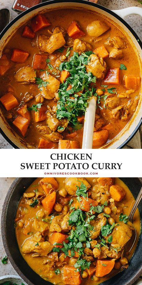 A super quick chicken sweet potato curry that features juicy chicken braised with tender sweet potatoes and chickpeas in a coconut curry. It is extremely easy to put together and tastes so hearty - perfect for a busy weekday dinner or meal prep. {Gluten-Free} Sweet Potato Chicken Instant Pot, Fall Dinner Sweet Potato, Chicken Sweet Potato Soup Crockpot, Chicken And Sweet Potatoes Healthy, Chicken Sweet Potato Stew Crockpot, Chicken Sweet Potato Soup Recipes, Chicken And Sweet Potato Instant Pot, Instant Pot Chicken Sweet Potato Recipes, Chicken Veggie Curry