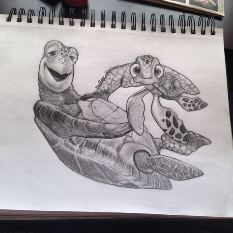 Crush and Squirt from Finding Nemo sketch by Madison Shimizu. Turtle From Nemo Tattoo, Finding Nemo Turtle Drawing, Crush Nemo Tattoo, Crush Turtle Tattoo, Finding Nemo Turtle Tattoo, Nemo Turtle Tattoo, Crush Tattoo Finding Nemo, Crush Finding Nemo Drawing, Finding Nemo Tattoo Ideas