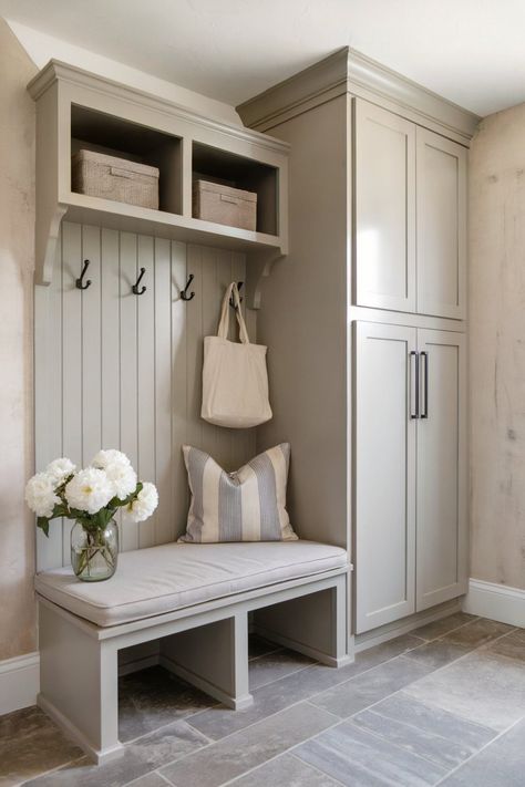 A mudroom with beige cabinetry, a bench with a cushion, and black hooks for hanging items, with a flower vase and a striped pillow for decor Farmhouse Mudroom Entryway, Mudroom Entryway Ideas, Minwax Stain Colors, Small Mudroom Ideas, Kitchen Light Fixtures, Vstupná Hala, Mudroom Remodel, Farmhouse Mudroom, Mudroom Makeover