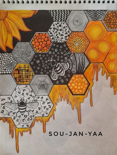 Honey comb 🍯🐝 Honey Combs Drawing, Quilt Tattoo, Color Theory Projects, Honey Bee Theme, Bee Theme, Chalk Art, Art Inspiration Drawing, Sweet Snacks, Art Stuff