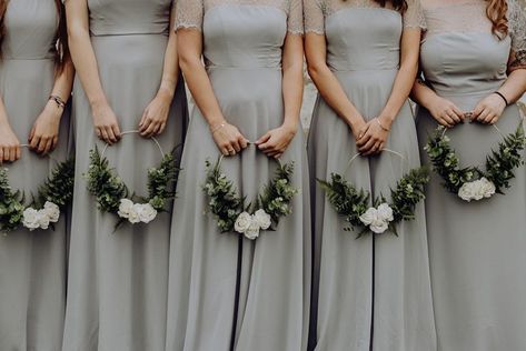 Bridesmaids in Grey Dresses Holding DIY Green & White Hoop Bouquets | Wedding for Under 10K with DIY Wedding Decor, Hoop Bouquets and Garlands. Plus Prosecco Bar & Photo Booth by Louise Griffin Photography Alternative Bouquet Ideas Bridesmaids, Bridesmaid Hoop Bouquet Diy, Floral Hoops Bridesmaids, Flowers For Bridesmaids, Bouquet For Bridesmaids, Louise Griffin, Bridesmaid Bouquet Alternatives, Hoop Bouquet, Wedding Bridesmaid Bouquets