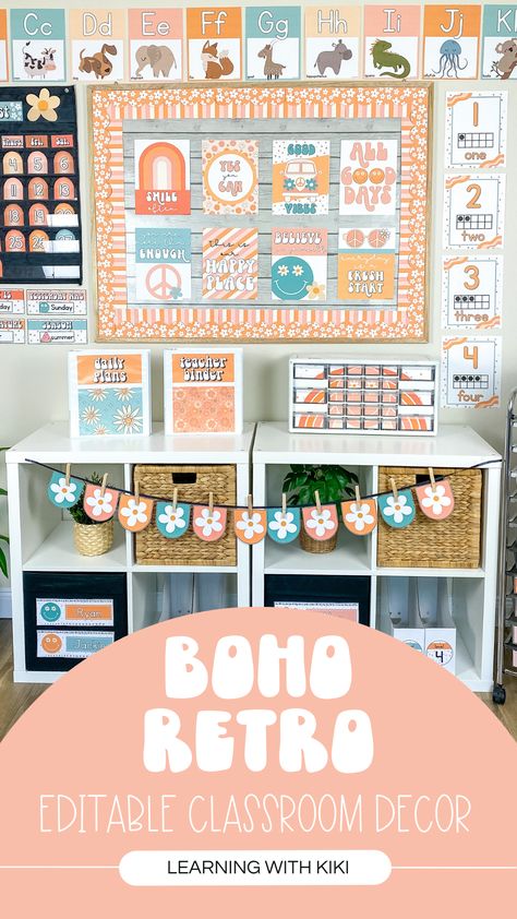 Boho Groovy Classroom, Boho Retro Classroom, Cute Classroom Themes, Boho Classroom Decor Ideas, Groovy Classroom Theme, Retro Classroom Theme, Space Bulletin Boards, Retro Classroom Decor, Groovy Classroom