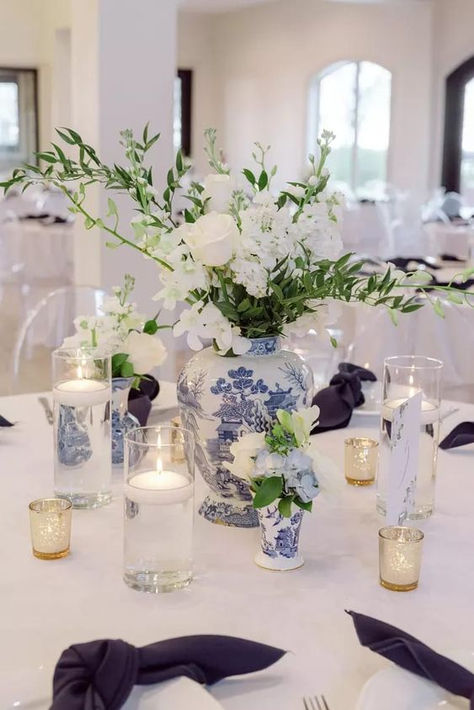 Blue Vase Wedding Centerpiece, Ginger Jar Tablescape, Ginger Jar Wedding Centerpiece, Chinoiserie Wedding Centerpieces, Chinoiserie Bridal Shower Decor, Blue And White Vases Wedding, Blue And White Porcelain Wedding, Blue And White Rehearsal Dinner, Blue And White Wedding Centerpieces