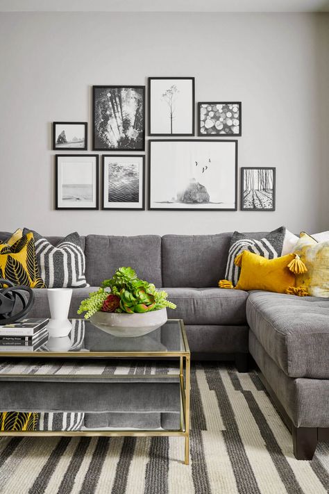 Grey White And Gold Living Room, Philly Apartment, Chameleon Oc, Mustard Living Rooms, Grey And Yellow Living Room, Den Design, Gray Decor, Grey Corner Sofa, Black And White Living Room