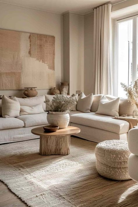 Natural Colors Living Room Decor, Industrial Beige Living Room, Beige And Natural Wood Living Room, Beige Home Decor Living Room, Neutral Color Living Room Decor, Cosy Beige Living Room, Beige Wall Living Room Ideas, Oatmeal Couch Living Room Ideas, Cream Living Room Ideas Cozy