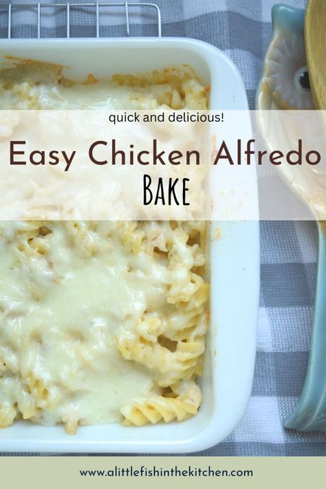 Easy Chicken Alfredo Bake – A Little Fish in the Kitchen Easy Alfredo Baked Pasta, Easy Chicken Alfredo With Rotisserie Chicken, Chicken Alfredo Easy Jar, Chicken Alfredo With Store Bought Sauce, Chicken Alfredo Using Jar Sauce, Chicken Alfredo Jar Recipe, Chicken Alfredo With Canned Chicken, Jar Chicken Alfredo Recipe, Easy Chicken Alfredo Recipe Jars