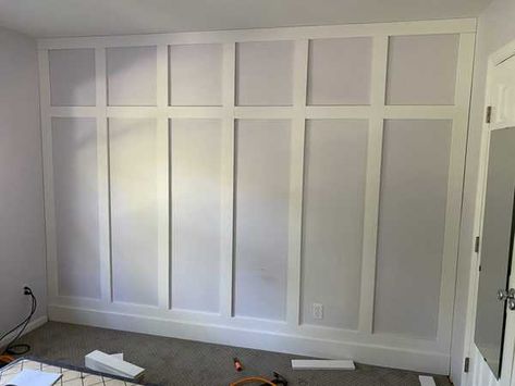 How To Batten Board Wall, Board And Batten Wall Simple, Board And Batten Feature Wall Living Room, Accent Wall Squares Board And Batten, Accent Wall With Mdf Board, Wall Lattice Interior, Board And Batten Wall Full Length, Board And Batten One Wall Bedroom, Board Batten Bedroom Wall