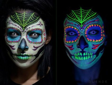 glow in the dark, dias de los muertas, day of the dead make up ... Muertos Makeup, Halloween Disco, Uv Makeup, Dead Makeup, Halloween Idea, Glow Face, Sugar Skull Makeup, Candy Skulls, Skull Makeup