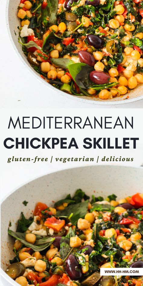 Mediterranean chickpea skillet! Try this vegetarian Mediterranean diet recipe for dinner! It's made with chickpeas, feta cheese and vegetables and ready in about 15 minutes, it's healthy, and tastes AMAZING. Vegetarian Mediterranean Diet, Chickpea Skillet, Mediterranean Dinner, Mediterranean Recipes Healthy, Mediterranean Chickpea, Garbanzo Bean, Mediterranean Diet Meal Plan, Easy Mediterranean Diet Recipes, Pea Recipes