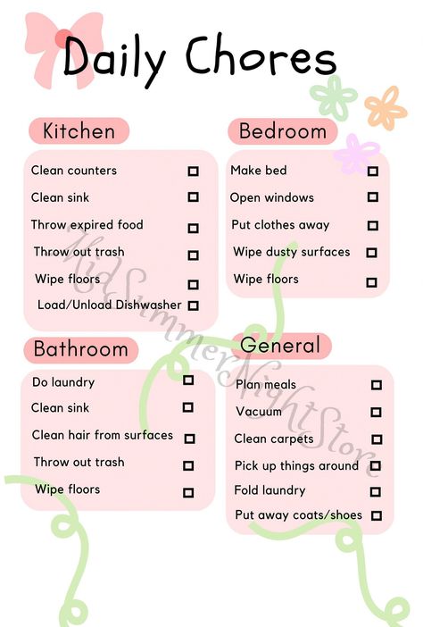 A concise list of daily chores to keep your house clean and in order. TO have a peace of mind and live in a nice and balanced environment. A clean space means a clean mind. #Cleaning #to #The #Schedule #Guide #CreativeIdeas #Tidy #Motivation #a #for #Home #Inspiration #Creating #Ultimate #a Chores To Do Around The House, Clean House List, How To Keep House Clean, Chores List For Adults, Bedroom Deep Cleaning List, How To Keep A Clean House, How To Keep Room Clean, Clean Room List, Cleaning Room Checklist For Teens