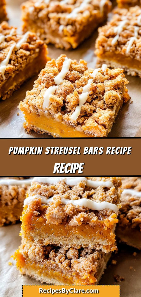 These wonderfully succulent Pumpkin Streusel Bars are the perfect fall dessert! A moist pumpkin base topped with a crisp cinnamon-oat streusel makes these bars a delightful treat for autumn festivities.

Ingredients:

1 cup pumpkin puree
1/2 cup brown sugar, packed
1 tsp pumpkin pie spice
The combination of a soft pumpkin layer and crunchy streusel makes these bars irresistible! Pumpkin Pie Breakfast Bars, Roasted Pumpkin Dessert, Pumpkin Pie Streusel Bars, Pumpkin Dessert Recipes For Thanksgiving, Pumpkin Bars With Cake Mix Easy Desserts, Pumpkin Heath Bar Cake, Pumpkin Streusel Bars Recipe, Pumpkin Bars With Oatmeal Crust, Pumpkin Crunch Bars Recipe