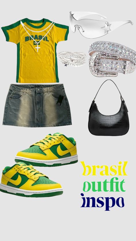 brasil outfit ! Brazil Culture Clothes, Brazil Outfit Ideas For Women, Brazil Jersey Outfit Girl, Summer Brazil Outfit, Brazil Outfit Aesthetic, Brazil Dunks Outfits, Brazil Style Outfits, Brazil Top Outfit, Hawaii Outfits Spirit Week