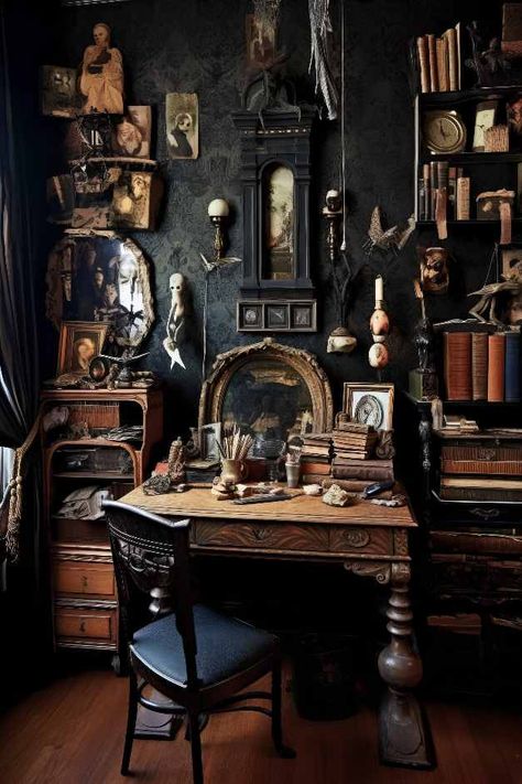 Dark Academia Office | Health, Beauty, Fashion, Design, Pets & More | dagmaramach.com Dark Academia Nature Room, Scottish Study Room, Goth Literature Aesthetic, Goth Academia Room, Gothic Dark Academia Room, Office Decor Dark Academia, Dark Academia Aesthetic Accessories, Gothic Home Office Ideas, Dark Industrial Office