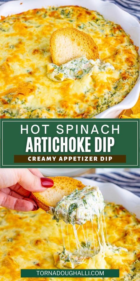 This bubbly, cheesy, tasty, and gooey hot spinach artichoke dip from Tornadough Alli is always a crowd-pleaser! Ready in just over 20 minutes, it’s the perfect appetizer to make on the fly. Planning a party, or just want a nice hearty, rich, and super duper creamy dip? This dip checks all those boxes! Hot Spinach Dip Recipe, Hot Spinach Artichoke Dip, Hot Spinach Dip, Creamy Spinach Dip, Spinach Artichoke Dip Recipe, Spinach Dip Recipe, Creamy Dip, Spinach Artichoke Dip, Creamy Spinach