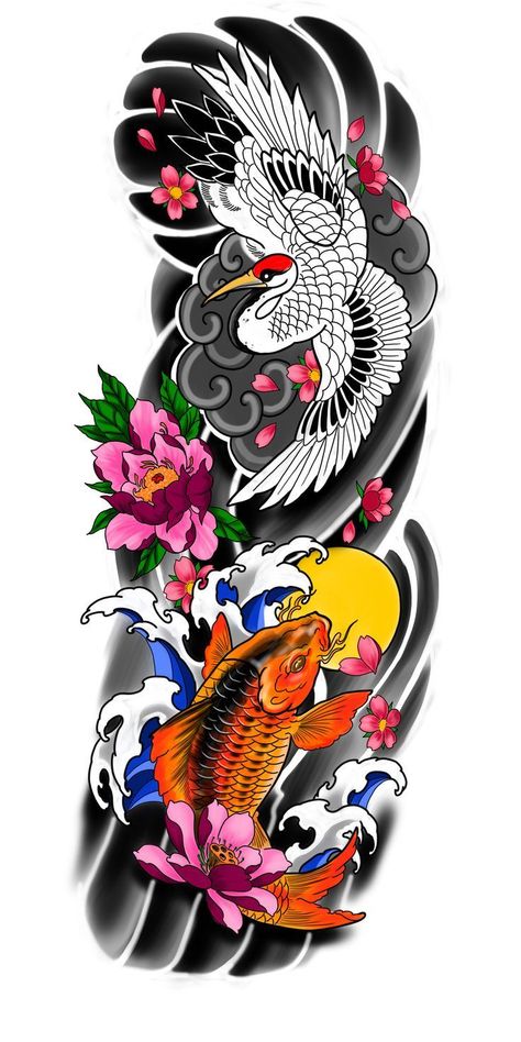 Dragon Koi Tattoo Design, Japanese Koi Fish Tattoo, Koi Tattoo Sleeve, Full Hand Tattoo, Tattoo Japanese Style, Koi Tattoo Design, Japanese Flower Tattoo, Geometric Sleeve Tattoo, Samurai Tattoo Design