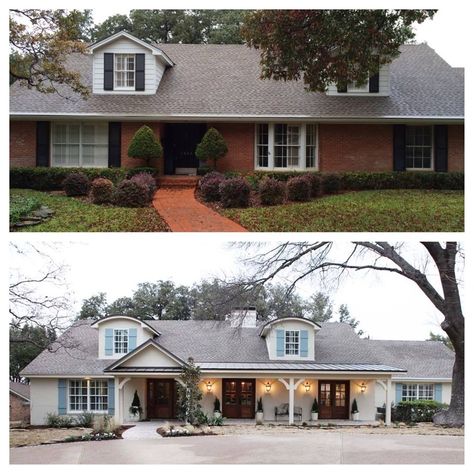 20 Home Exterior Makeover Before and After Ideas | Home Stories A to Z One Story Exterior Remodel, Exterior House Redesign, Brick Ranch Before And After, Straight Ranch House Curb Appeal, Boring Ranch Exterior Makeover, Ranch House Before And After, Before And After Exterior Home Makeover, Before And After House Exterior, Red Brick Ranch Exterior Makeover