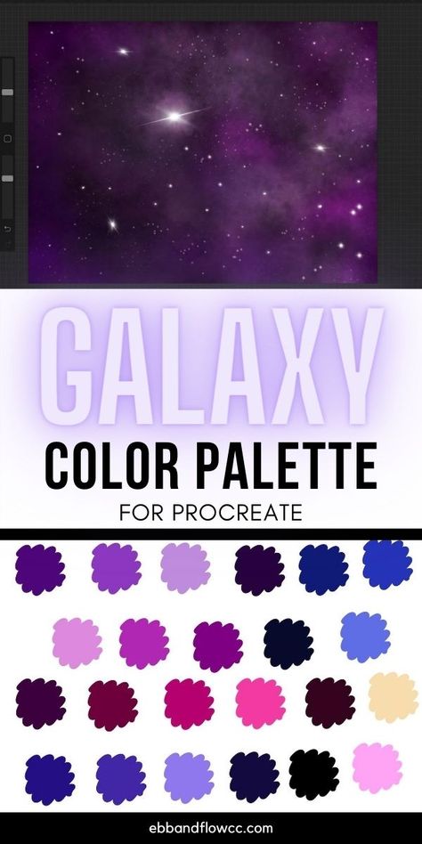 Create the perfect galaxy art on Procreate with this free color palette download. Get started illustrating today with this easy to use color swatch file. Galaxy Paint Colors, How To Colour Procreate, Color Pallets Procreate, Galaxy Drawing Tutorial Digital, Procreate Pallets Free, Galaxy Pallete Color, Pastel Galaxy Color Palette, Free Procreate Color Palettes, Galaxy Color Palette