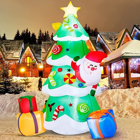 Indoor Inflatable Christmas Tree, Christmas Decor Ideas Outdoor Inflatables, Outdoor Christmas Lights With Inflatables, Christmas Tree With Led Lights, Blow Up Christmas Decorations, Christmas Inflatable Snow Globe, Led Icicle Lights, Inflatable Christmas Tree, Disney Xmas