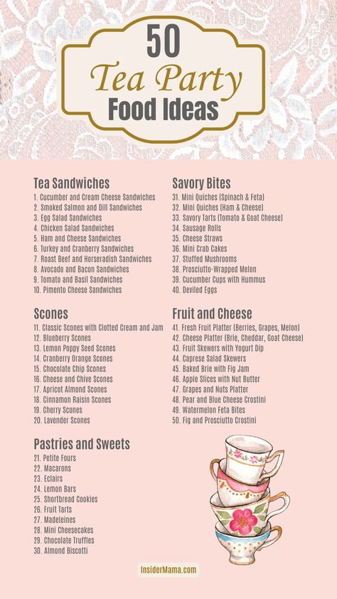 tea party food infographic with 50 ideas Tea Party Food And Drinks, Vintage Tea Party Food Ideas, English Tea Food Recipes, Tea Party Catering Ideas, Fall High Tea Recipes, Snacks With Tea Ideas, Bday Tea Party Ideas, Hi Tea Party Ideas, Bridgerton Tea Party Food Ideas