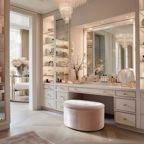 Build In Vanity In Closet, Luxury Walk In Closet With Vanity, Fancy Walk In Closet, Luxury Vanity Design, Makeup Room Aesthetic, Luxury Makeup Room, Bedroom Ideas Chic, Makeup Vanity Aesthetic, Vanity Luxury