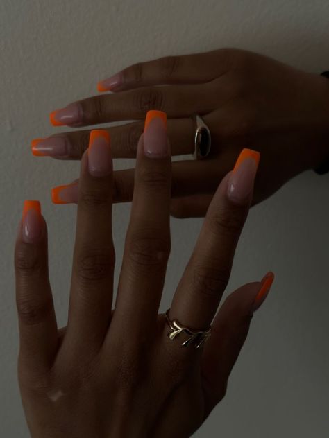 Orange French Tip Square Shaped Nails | Orange Nail Inspo | Square Nails | long nails Colour French Tips Nails Short, Orange Nail French Tips, Orange Nails With French Tip, Colored French Nails Square, Orange French Acrylic Nails, French Tip Colors Nails, Nail Inspo For Spring Break, Cute Nails For Summer Square, Orange Tipped Nails