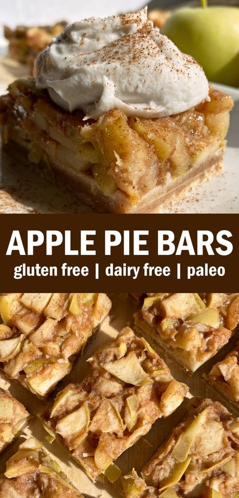 These easy apple pie bars have an almond flour crust and gooey apple filling. They're paleo, gluten free and vegan friendly. A delicious baked apple dessert for the holidays! Easy Apple Pie Bars, Paleo Apple Pie, Aip Baking, Gluten Free Apple Pie, Almond Flour Crust, Paleo Apple, Healthy Apple Pie, Baked Apple Dessert, Gluten Free Dairy Free Dessert