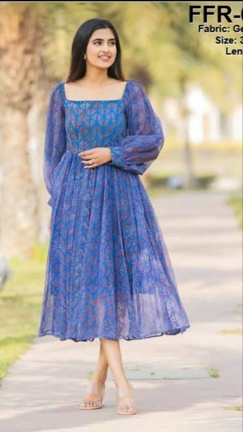 Long Frock Western Style, Georgette Western Dresses For Women, Long Gown Dress From Georgette Saree, Long Frock Designs Western, Simple Georgette Dress, Froks For Girls Stylish, Frok Designs For Women Neck Design, Latest Frok Designs For Women, Long Frock Designs For Girl Casual