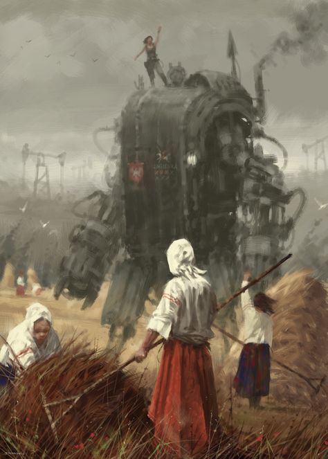 ArtStation - 1920 - the youngest sister, Jakub Rozalski Iron Harvest, Jakub Rozalski, Dieselpunk Art, Youngest Sister, Post Apocalyptic Art, Sisters Art, Arte Cyberpunk, Futuristic Art, Science Fiction Art