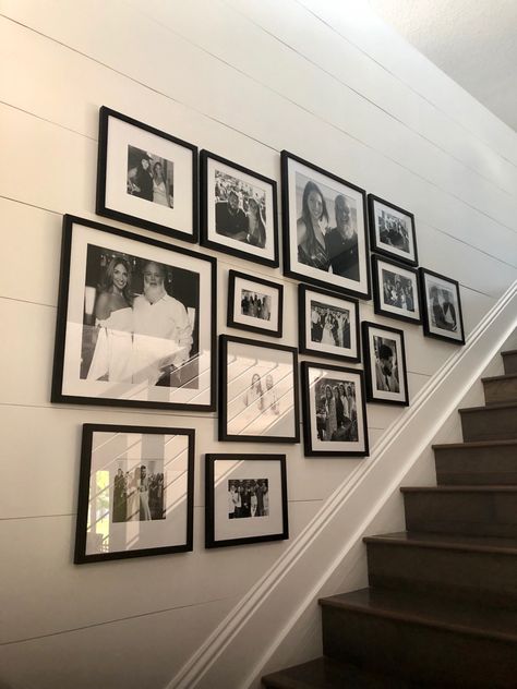 The moment we built our home, I knew exactly what I wanted to do for the stair wall.  A collage of black white photo wall. Photo Wall Collage Above Stairs, Black And White Photo Wall Staircase, Photo Wall Collage For Stairs, Stairs With Picture Frames, Black And White Photo Wall Stairs, Photo Collage Wall Going Up Stairs, Wall Collage Stairway, Collage Of Frames On Wall, Black Frame Collage Wall