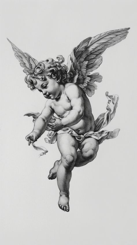 #CherubTattooDesign #PencilDrawingStyle #HighContrast #MinimalistTattoo #TheCandie Angel Tattoo Detailed, Angel Designs Drawing, Realistic Cherub Tattoo, Vintage Angel Tattoo, Cherub Back Tattoo, Angels Back Tattoo, Pegion Bird Tattoo, High Contrast Tattoo Design, Png Tattoo Design