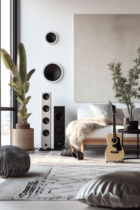 Bright Colors | Fancy Sound System | Stylish Guitar | Harmonize your Home Hifi Room, Room Concept, Moroccan Living Room, Japandi Design, Audio Room, Home Studio Music, Music Decor, Living Room Inspo, Scandinavian Interior