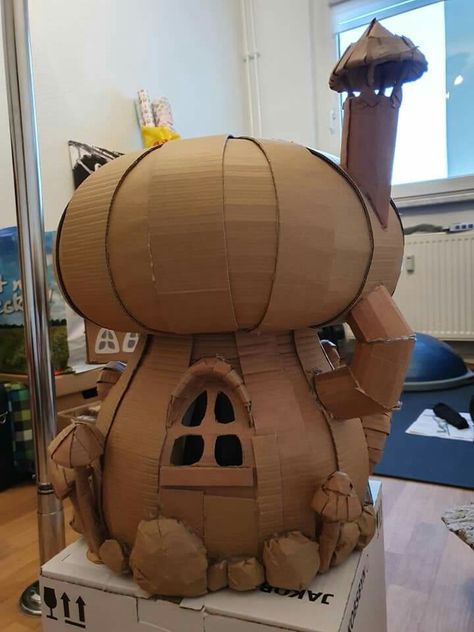 Cardboard 3d Sculpture, Cardboard Mushroom House, Soup Can Crafts Diy, Card Board Sculptures, Cardboard Crafts Room Decor, Kawaii Cardboard Crafts, Halloween Cardboard Crafts, Carbord Craft, Halloween Cardboard Decorations