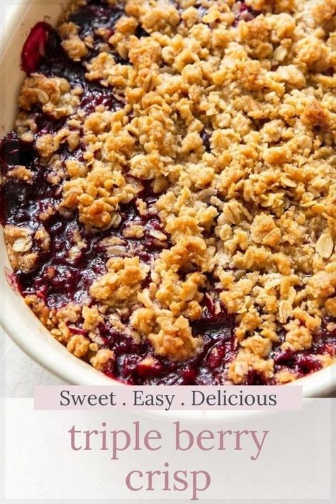 Looking for a delicious summer recipe? Triple berry crisp is an easy recipe that uses either fresh or frozen berries. This simple summer dessert is best served warm with vanilla ice cream. Frozen Berry Recipes, Triple Berry Crisp, Peach Blueberry Crisp, Berry Crisp Recipe, Triple Berry Pie, Oatmeal Crisp, Crisp Topping, Raspberry Oatmeal, Berry Crisp