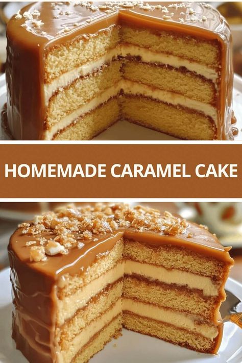 HOMEMADE CARAMEL CAKE Carmel Cake Recipe From Scratch, Caramel Drizzle Cake, Easy Cake Flavor Ideas, Old Fashion Caramel Cake, Top Cake Recipes, Easy Salted Caramel Cake, Caramel Cloud Cake, Best Cake Mix Cakes, Carmel Cakes Southern