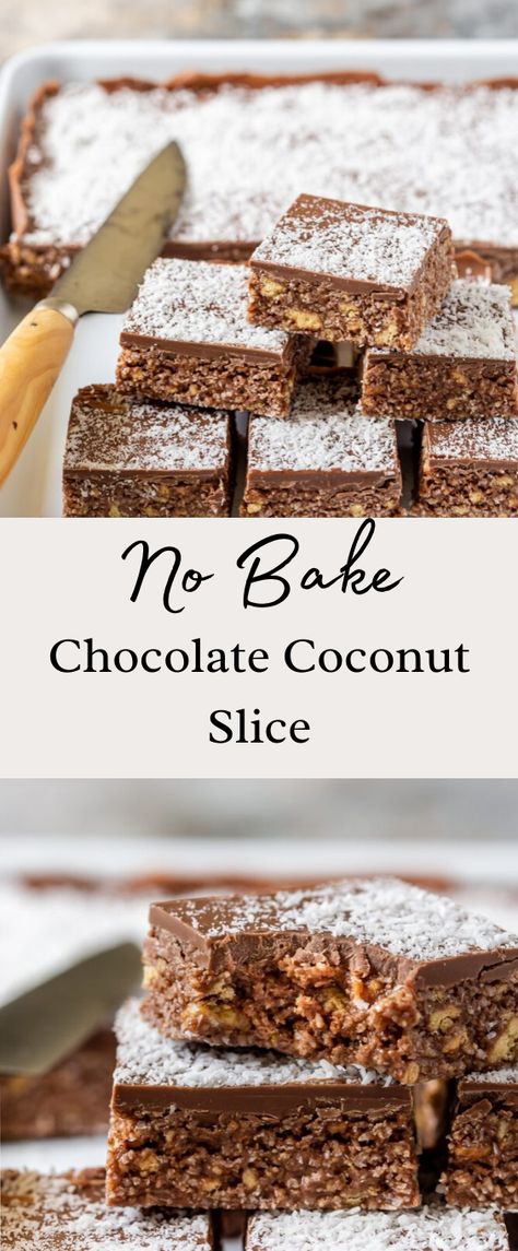 No Bake Chocolate Slice, No Bake Chocolate Slice Recipe, Chocolate Biscuit Slice, No Bake Slices Healthy, No Bake Traybakes, Coconut Slice Recipe, Slices Recipes Easy No Bake, Snack Ideas Easy Quick No Bake, Chocolate Slice Recipe