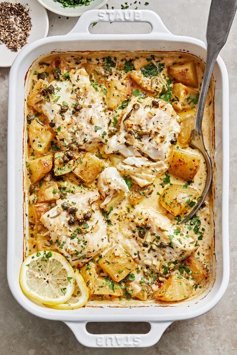 There’s something about baked cod fish in an herbed cream sauce that feels like a meal you would order at a restaurant. We’re here to share that it’s just as easy to make at home! Rosemary Cream Sauce, Cod With Potatoes, Roasted Cod, The Modern Proper, Modern Proper, Fish Dinner Recipes, Cod Recipes, Cod Fish, Fish Dinner