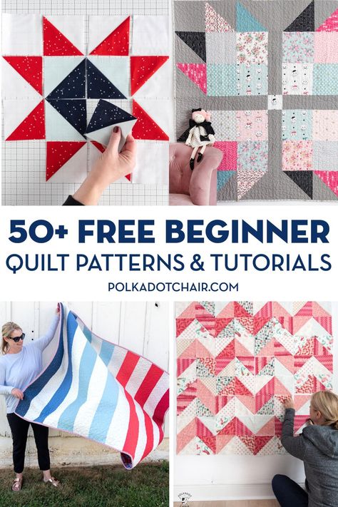 50+ Easy Beginner Quilt Patterns & Free Tutorials | Polka Dot Chair Simple Quilt Patterns, Easy Beginner Quilt, Free Quilt Patterns Printables, Beginner Quilt Patterns Free, Beginner Quilt Tutorial, Twin Quilt Pattern, Hexie Quilts Patterns, Beginner Quilting Projects, Free Quilt Tutorials