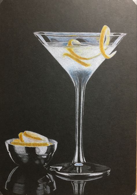 Martini Photoshoot, Martini Background, Martini Art Paintings, Martini Glass Sketch, Martini Acrylic Painting, Martini With A Twist, Martini Photography, Perfect Martini Painting, Martini With Lemon Twist