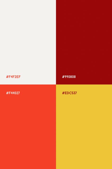 Off white, deep red, orange red, mustard yellow Red Orange Pallete Color, Red Orange Yellow Palette, Red Orange White Color Palette, Red And Yellow Pallete, Red And Yellow Graphic Design, Red And Orange Color Scheme, Yellow And Red Palette, Red Yellow White Color Palette, Red And Yellow Colour Palette