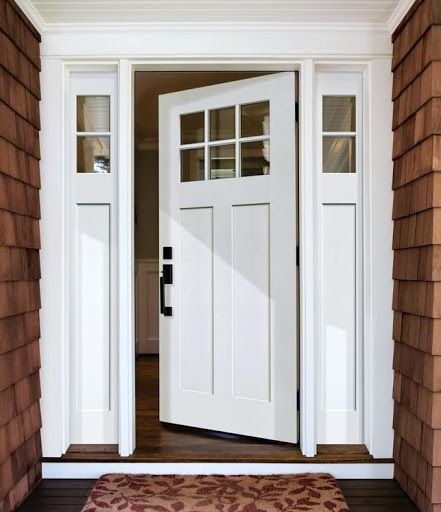 Craftsman Style Doors Exterior Front Entry, Front Door With High Windows, Front Door Top Window, White Craftsman Front Door, Frosted Sidelights Front Doors, White Front Door With Sidelights, Craftsman Exterior Doors, Front Door Shaker Style, Masonite Exterior Door