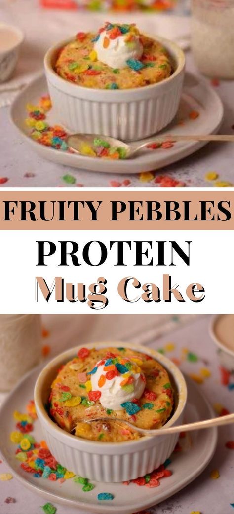 Mug cakes are all the rage, and this Fruity Pebbles Protein Mug Cake is low carb, high protein, and ready in minutes! Fruity Cereal Protein Powder Recipes, Protein Fruity Pebbles, Fruity Pebble Protein Shake, Fruity Pebbles Protein Balls, High Protein Peach Cobbler, Fruity Pebble Protein Powder Recipes, Fruity Pebbles Protein Shake, Fruity Pebbles Protein Powder Recipes, High Protein Healthy Desserts