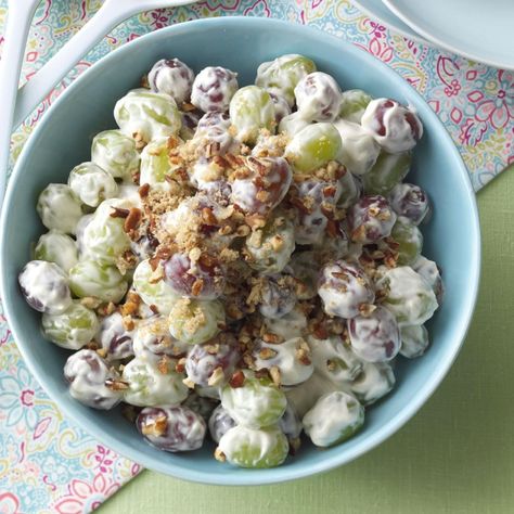 Creamy Grape Salad Recipe -Everyone raves when I bring this refreshing, creamy salad to potlucks. For a special finishing touch, sprinkle it with brown sugar and pecans. —Marge Elling, Jenison, Michigan Chicken Salad Chick Grape Salad Recipe, Grape Walnut Salad, Creamy Grape Salad, Grape Salad Recipe, Thanksgiving Fruit, 30seconds Food, Creamy Fruit Salads, Lemon Pie Recipe, Baking Measurements