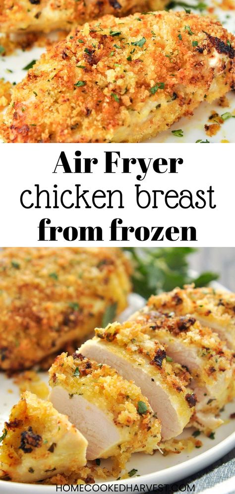 Air Fryer Frozen Chicken Breasts get brushed with a mayonnaise sauce then coated in breadcrumbs to keep it super moist. This recipe makes a juicy chicken dinner without the need for thawing. Frozen Grilled Chicken In Air Fryer, Air Fryer Chicken From Frozen, Can You Cook Frozen Chicken In Air Fryer, Cook Frozen Chicken In Air Fryer, Cooking Frozen Chicken In Air Fryer, Frozen Chicken Dinner Recipes, Frozen Chicken Breast Ninja Foodi, What To Make With Frozen Chicken, Frozen Chicken Ninja Foodi